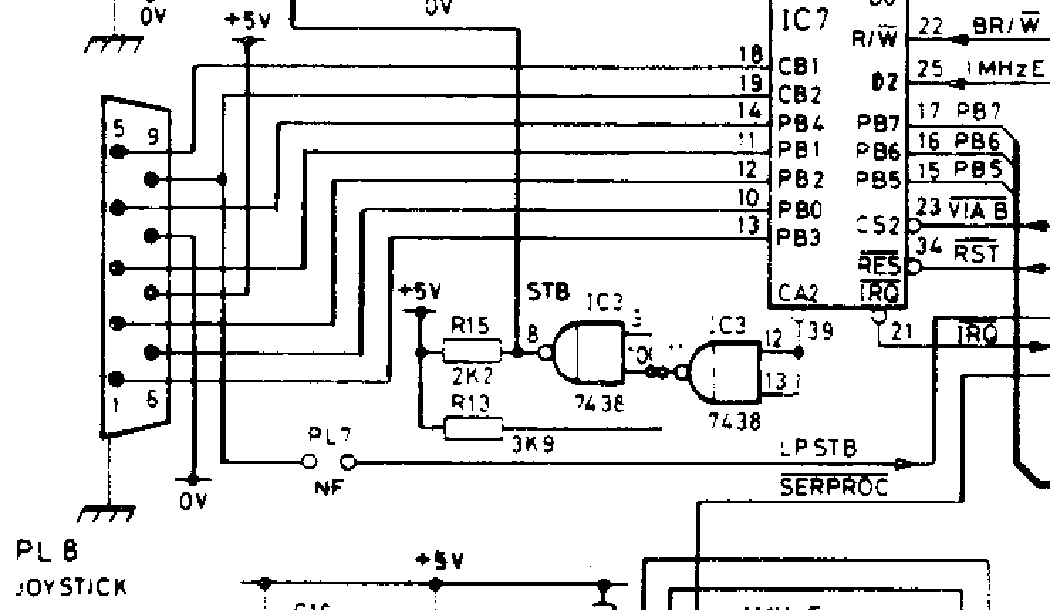 Circuit diagram showing the Master Compact joystick port connected to User VIA lines PB0-PB4, CB1 and CB2