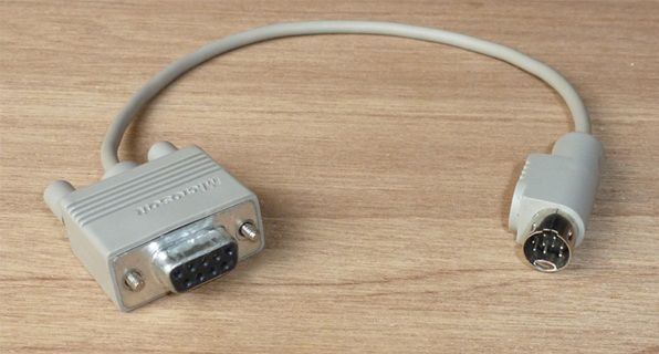 An adapter cable from female DE-9 to Mini-DIN-9